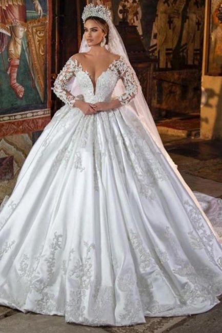 Weißes Satin A-Linien-Brautkleid mit V-Ausschnitt und langen Ärmeln