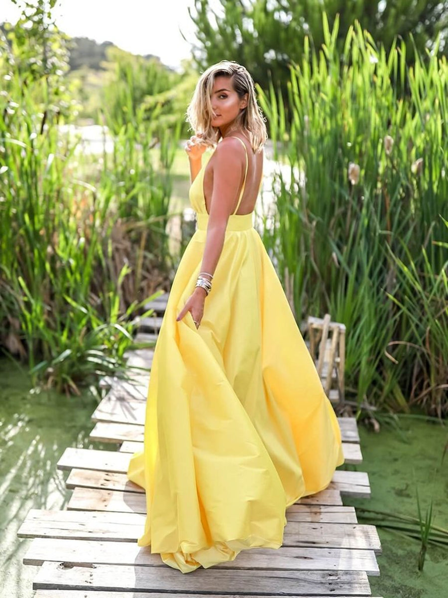 Yellow A Line V Neck Backless Satin Long Formal Prom Dresses