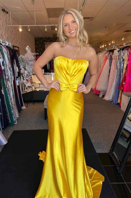 Vestido de fiesta largo de sirena con lazo y sin tirantes