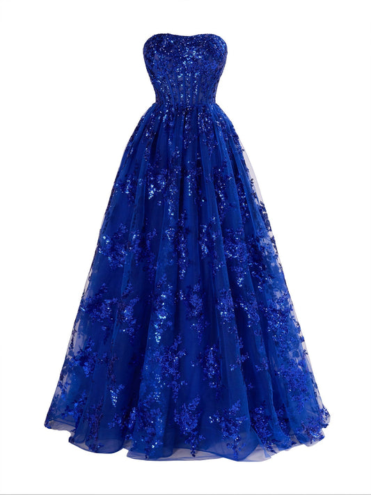 Vestido de fiesta largo plisado sin tirantes con apliques