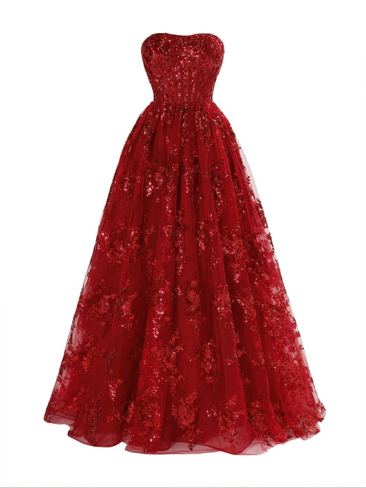 Vestido de fiesta largo plisado sin tirantes con apliques