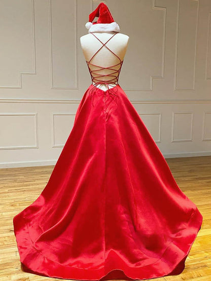 Vestido de fiesta largo de satén con escote en V y corte A