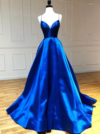 Vestido de fiesta largo de satén con escote en V y corte A