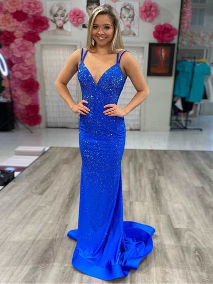 Vestido de fiesta de jersey con cuentas y escote en V de sirena