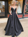A Line Black  V Neck Long Prom Dress
