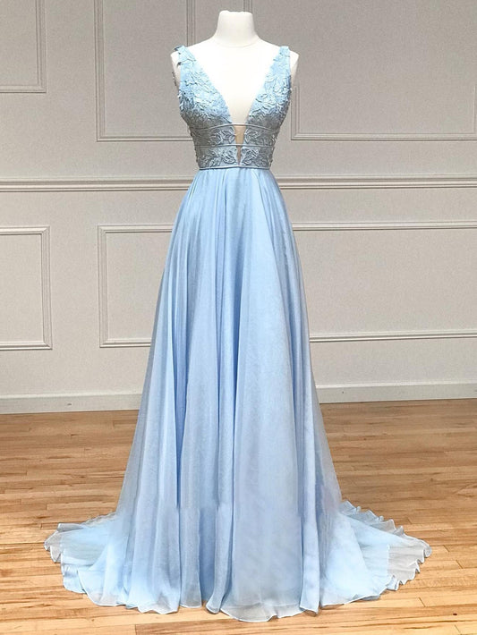 A Line Plunge V Neck Lace Chiffon Prom Dress