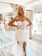 A Line Strapless Tulle Lace Prom Dress
