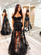 A Line Strapless Tulle Lace Prom Dress