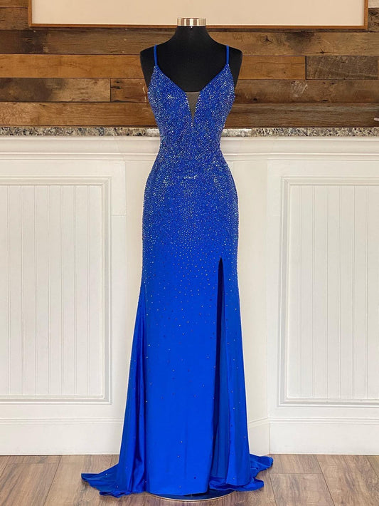 Vestido de fiesta de jersey con cuentas y escote en V de sirena con abertura