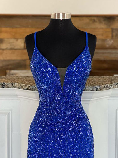 Vestido de fiesta de jersey con cuentas y escote en V de sirena con abertura