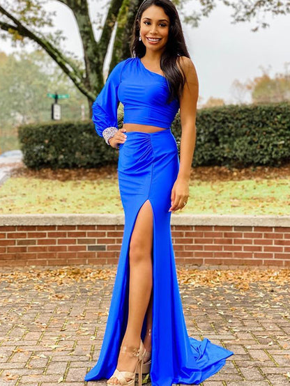 Vestido de fiesta largo negro de satén con escote sirena y un solo hombro, dos piezas