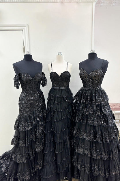 A Line Spaghetti Straps Tiered Lace Prom Dress
