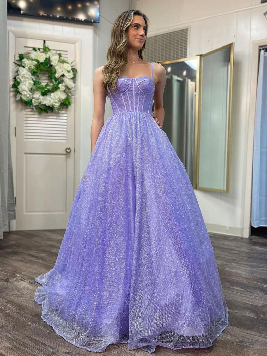 A Line Glitter Tulle Prom Dress with Pockets