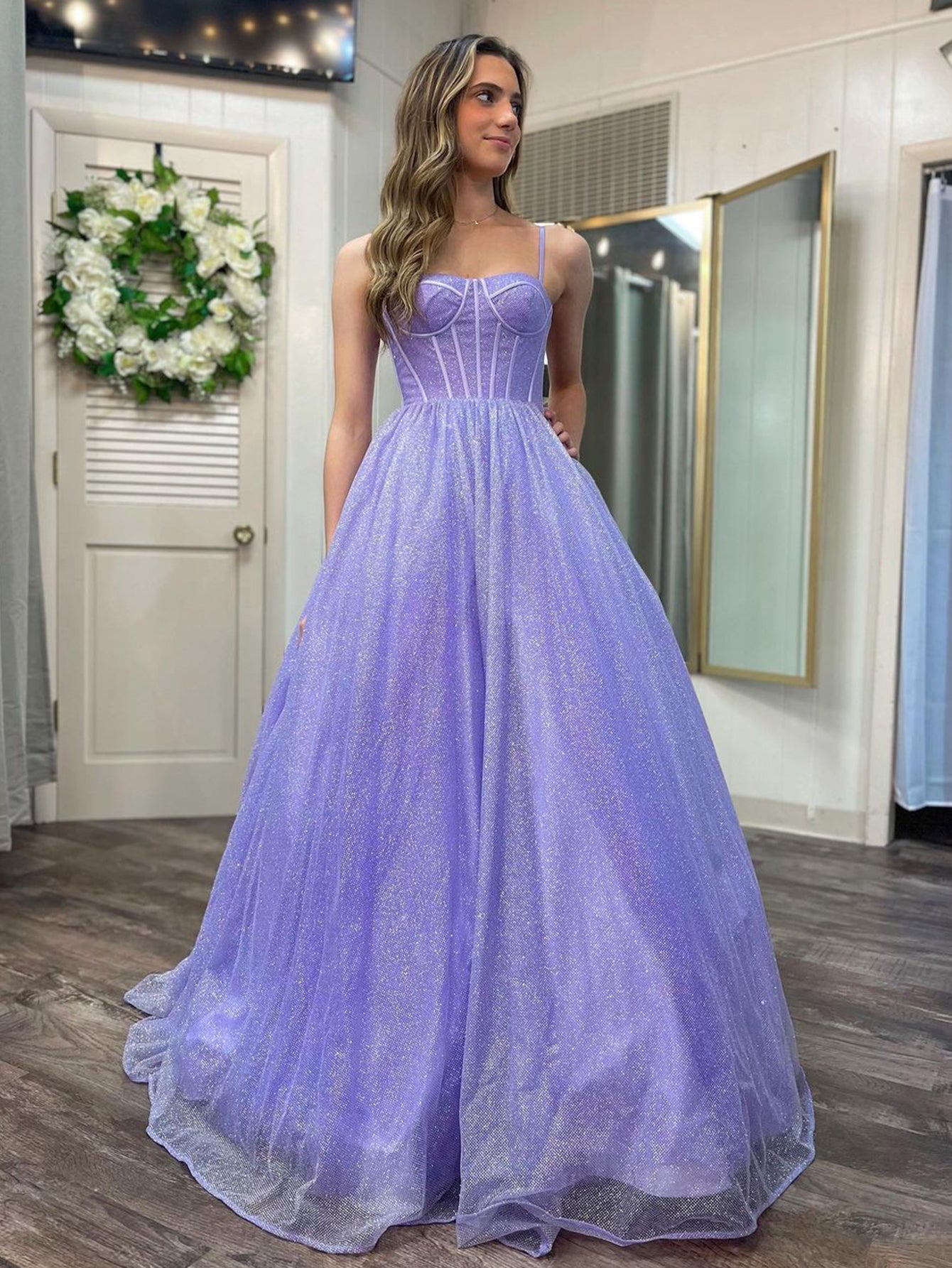 A Line Glitter Tulle Prom Dress with Pockets