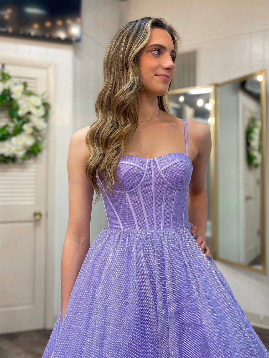 A Line Glitter Tulle Prom Dress with Pockets