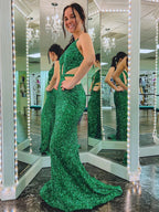Vestido de fiesta largo verde sirena con escote en V y espalda descubierta