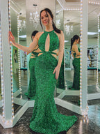 Vestido de fiesta largo verde sirena con escote en V y espalda descubierta