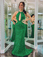 Vestido de fiesta largo verde sirena con escote en V y espalda descubierta