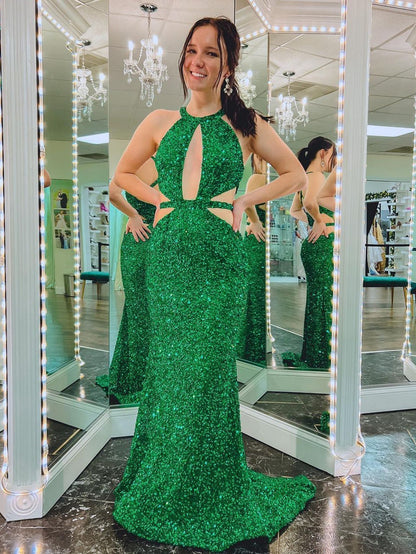 Vestido de fiesta largo verde sirena con escote en V y espalda descubierta