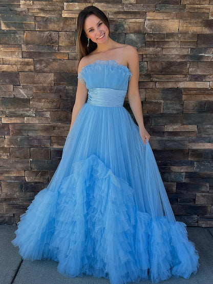 Vestido de fiesta largo de tul rosa con capas y sin tirantes, corte A