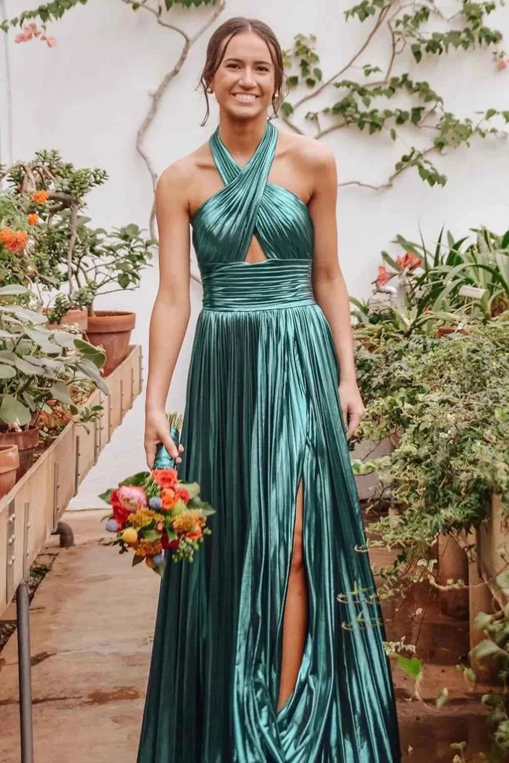 Metallic Blush A-Line Pleated Long Prom Dress Halter Neck Party Gown With Side Slit