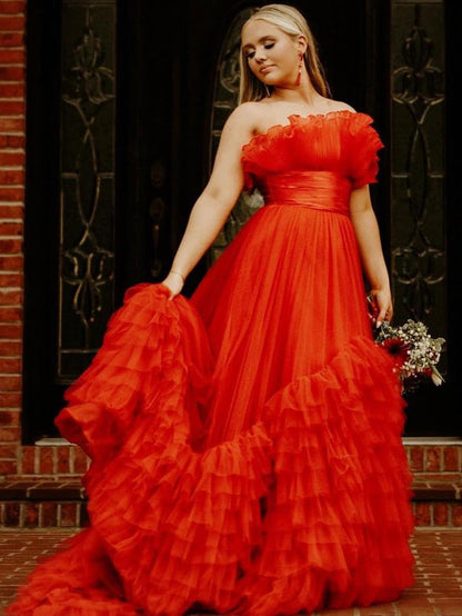 Vestido de fiesta largo de tul rosa con capas y sin tirantes, corte A