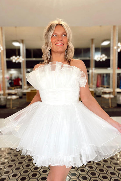 A-Linien-Kleid mit trägerlosem, gerüschten, kurzen Ärmeln