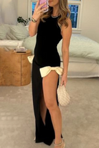 Robes de soirée unies et sexy avec fente et décor de nœud à encolure ronde