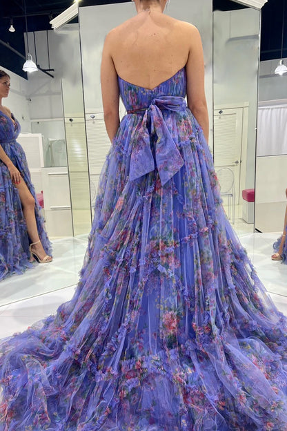 A-Line Sweetheart Floral Printed Tulle Prom Dress with Slit