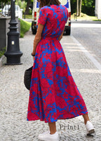 Nuevo vestido de verano de algodón con escote en V, estampado, abertura lateral y lazo en la cintura 