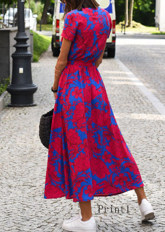 Nuevo vestido de verano de algodón con escote en V, estampado, abertura lateral y lazo en la cintura 