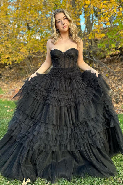 Vestido de fiesta de corte A con capas de tul rosa ruborizado, volantes y cordones en la espalda