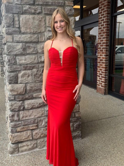 Vestido de fiesta largo de sirena con escote en forma de corazón, espalda descubierta y corte en rojo