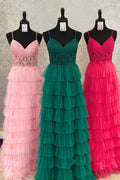Abito lungo da sera a balze in tulle a linea ad A con pizzo