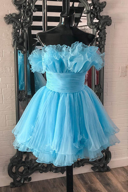 A-Linien-Kleid mit trägerlosem, gerüschten, kurzen Ärmeln