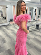 Mermaid Deep V Neck Feather Lace Long Prom Dress