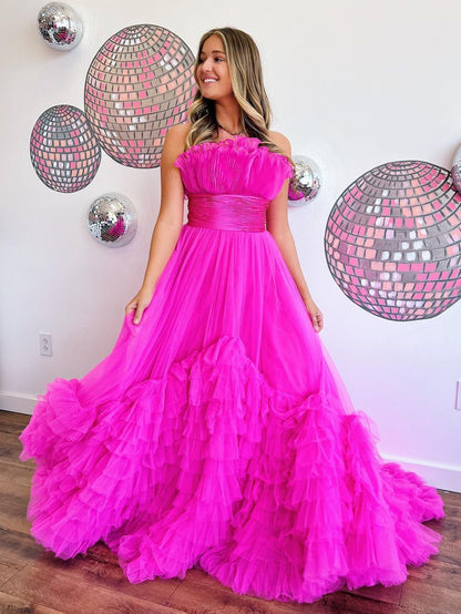 Vestido de fiesta largo de tul rosa con capas y sin tirantes, corte A