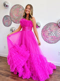 Abito da sera lungo rosa a balze in tulle senza spalline a linea ad A