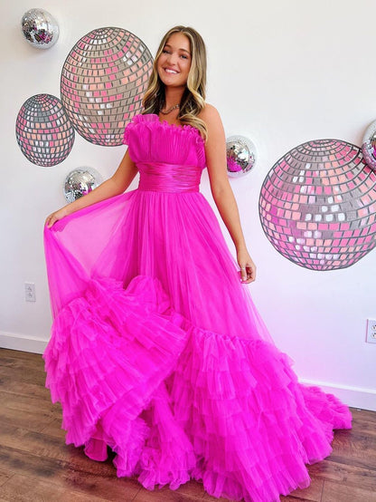 Vestido de fiesta largo de tul rosa con capas y sin tirantes, corte A