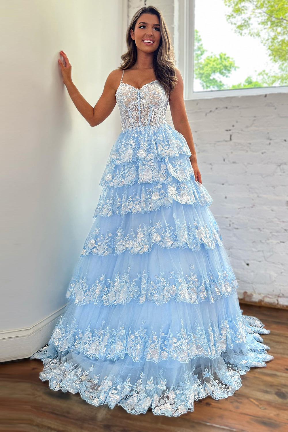 A Line Spaghetti Straps Tiered Lace Prom Dress