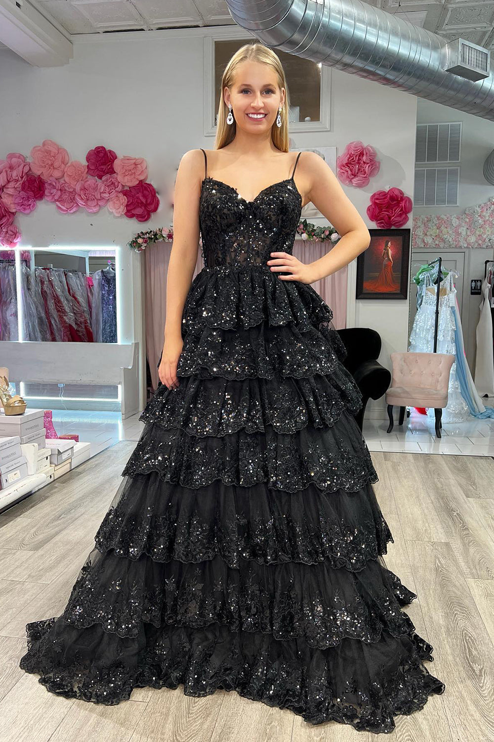 A Line Spaghetti Straps Tiered Lace Prom Dress
