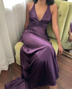 Vestido de noite longo roxo com decote em V e costas descobertas Vestido de baile Vestido de festa Y7520