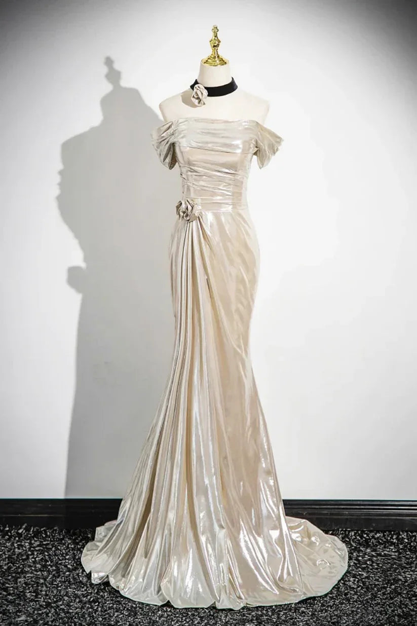 Vestido de Festa de Cetim com Ombros Descobertos e Brilho Encantador, Modelo Sereia Y8202