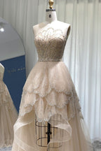 Bmbridal A Line Hi Lo Strapless Tulle Prom Dress With Lace Beading