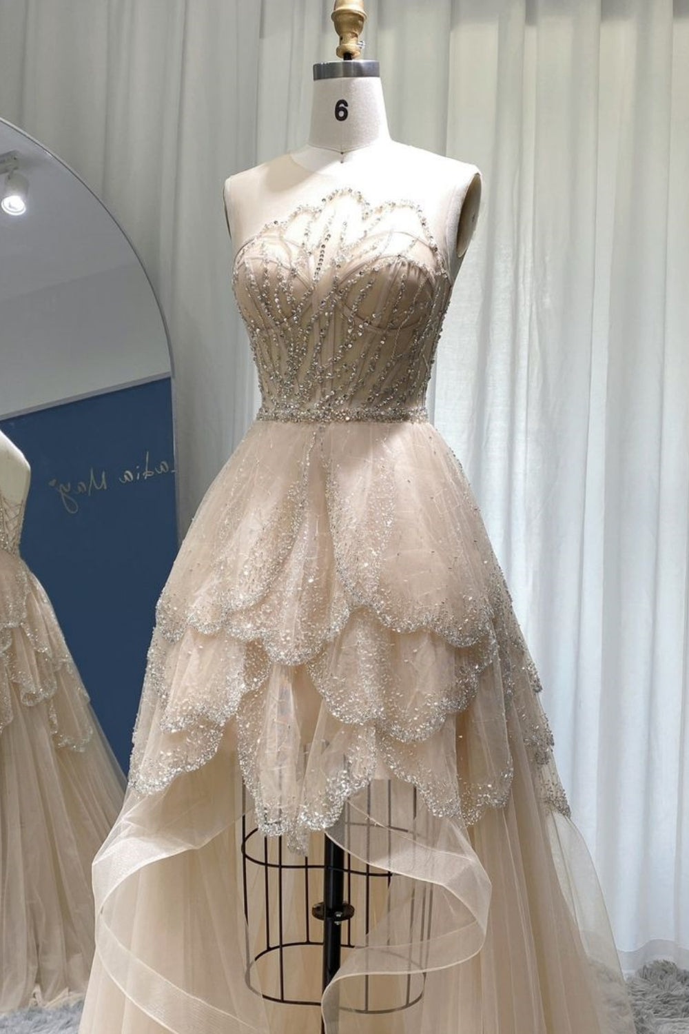 Bmbridal A Line Hi Lo Strapless Tulle Prom Dress With Lace Beading