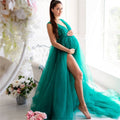 V-neck high split big belly dress, tulle maternity dress, draped long mesh pregnancy evening dress