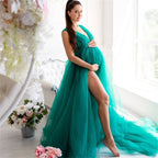 V-neck high split big belly dress, tulle maternity dress, draped long mesh pregnancy evening dress