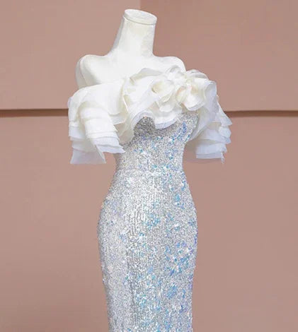 Abito da sera formale di lusso con perline e paillettes argento a sirena Y7614