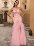 Pink V-Neck Corset Mermaid Prom Dress Beaded Flare