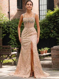 Sparkly Gold Mermaid Prom Dress With Sequin Beading High Slit